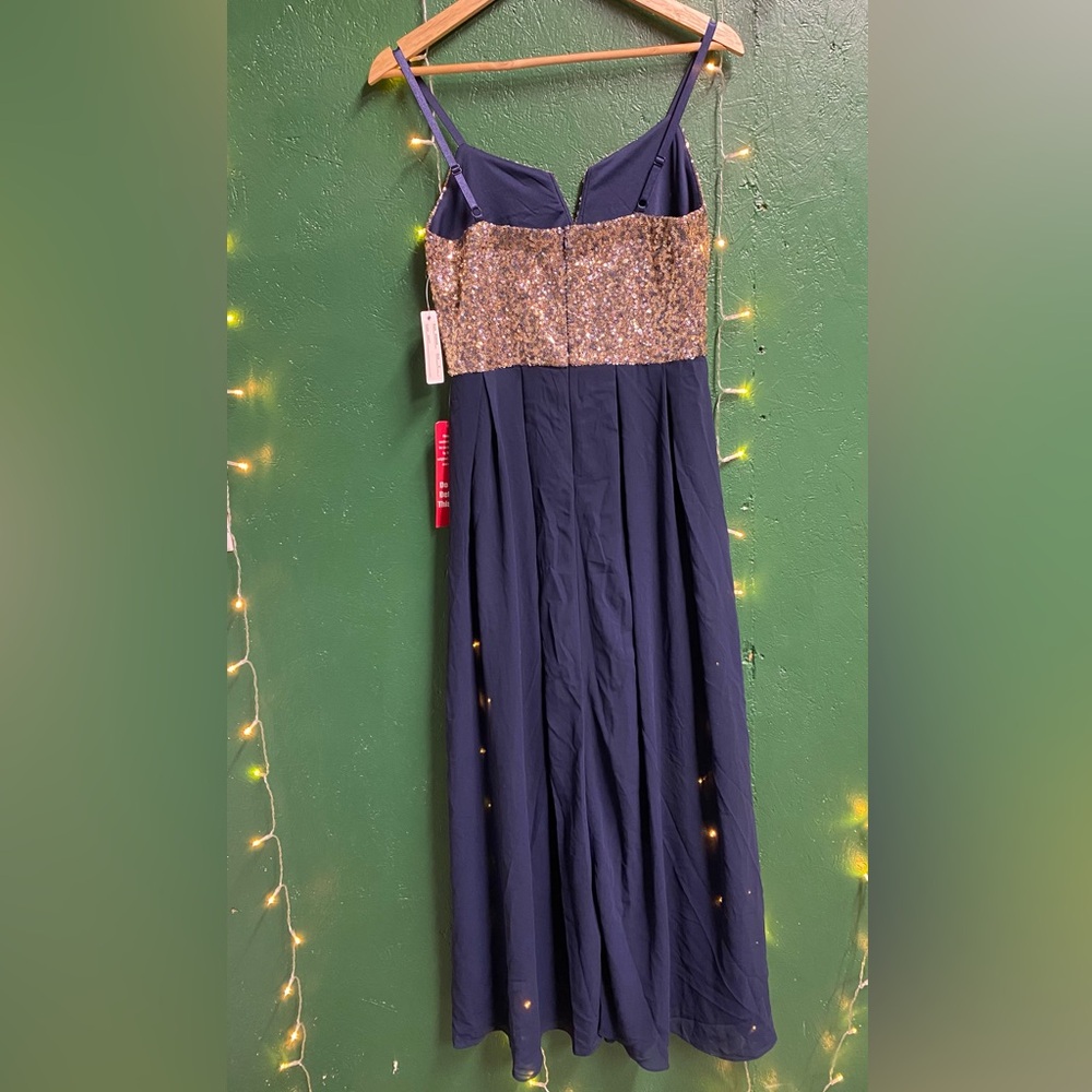Navy Maxi Dress with Gold Sequin Bodice - Sparkle Evening Gown - Picture 2 of 5